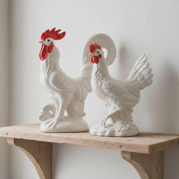 Large Ceramic Rooster and Hen Statues Vintage Chicken Figurines Pair Mid-Century